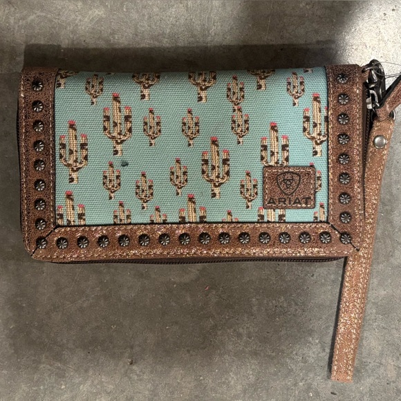 Ariat Cactus Pattern Wristlet in Brown and Teal - Picture 3 of 3